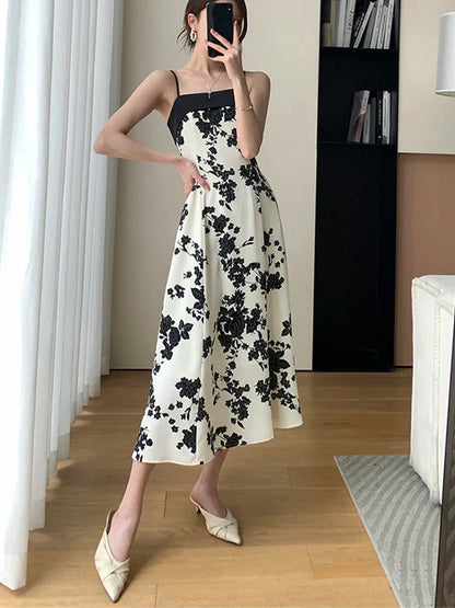 qgtao-New Summer 2023 Long Print Dress for Women Korean Elegant Fashion Sexy Sleeveless Spaghetti Strap Evening Female Clothes