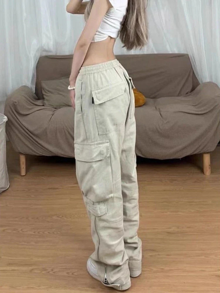 qgtao  Y2k Big Pocket Cargo Pants Women Street wear Straight Wide Leg Trousers Vintage Design Side Zipper Drawtring Baggy Pants