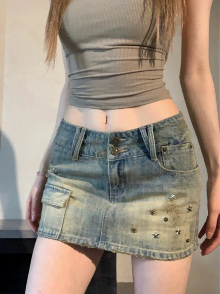 qgtao Vintage Denim Mini Skirt Women Trashy Y2k 2000s Low Waist Sexy Star Rivet Distressed Slim Pencil Skirt Gyaru Streetwear