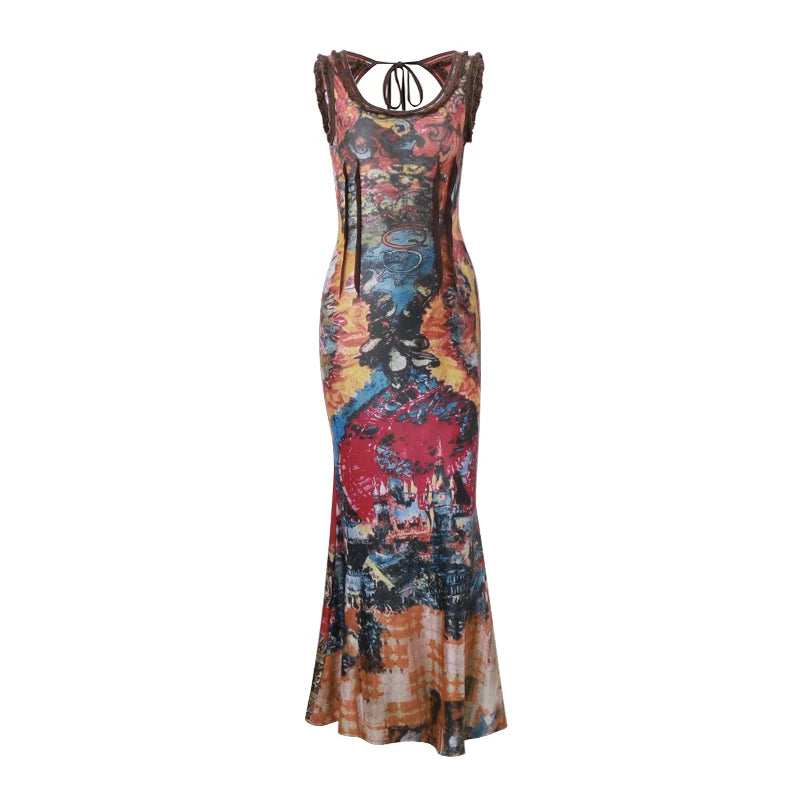 qgtao  -   Vintage Oil Painting Print Dress Sexy Backless Hollow Out Sleeveless Maxi Dresses Aesthetic Party Clubwear Slim Vestidos