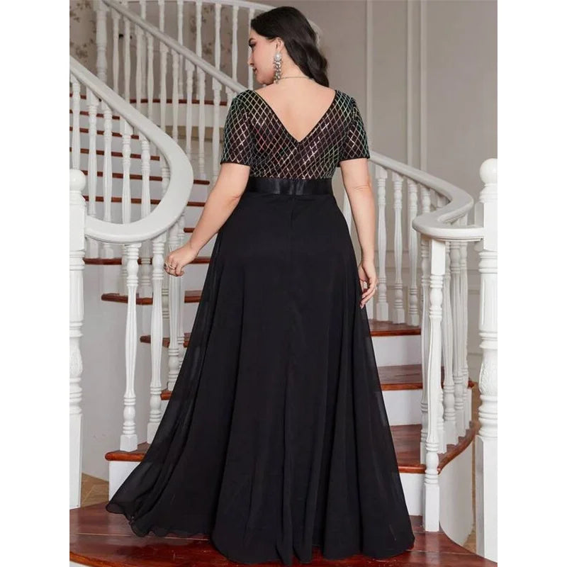 qgtao Plus Size V Neck Rhombus Sequin Luxury 4XL5XL Chiffon Dress Party Prom Black 3/4 Sleeve Over Maxi Dress for Party Wedding