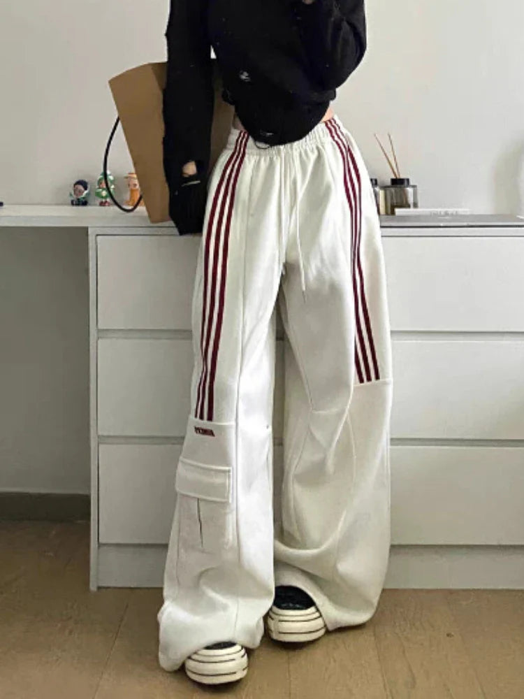 qgtao  Y2k Stripe Sweatpants Women Hip Hop High Waist Vintage Loose Wide Leg Pants Street wear Elastic Casual Black Oversize Pants