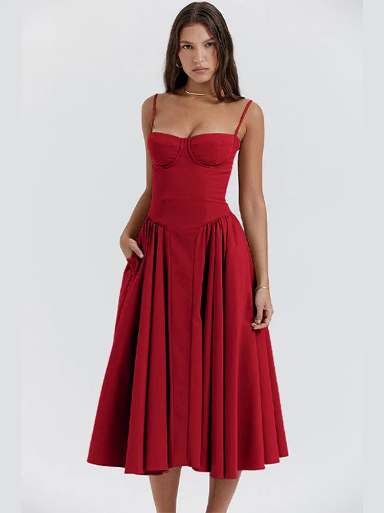 qgtao Sexy Solid Pleated Hem Sling Dress Women Fashion Midi Sleeveless Backless Dresses Female 2024 Summer Party Evening A-line Robes