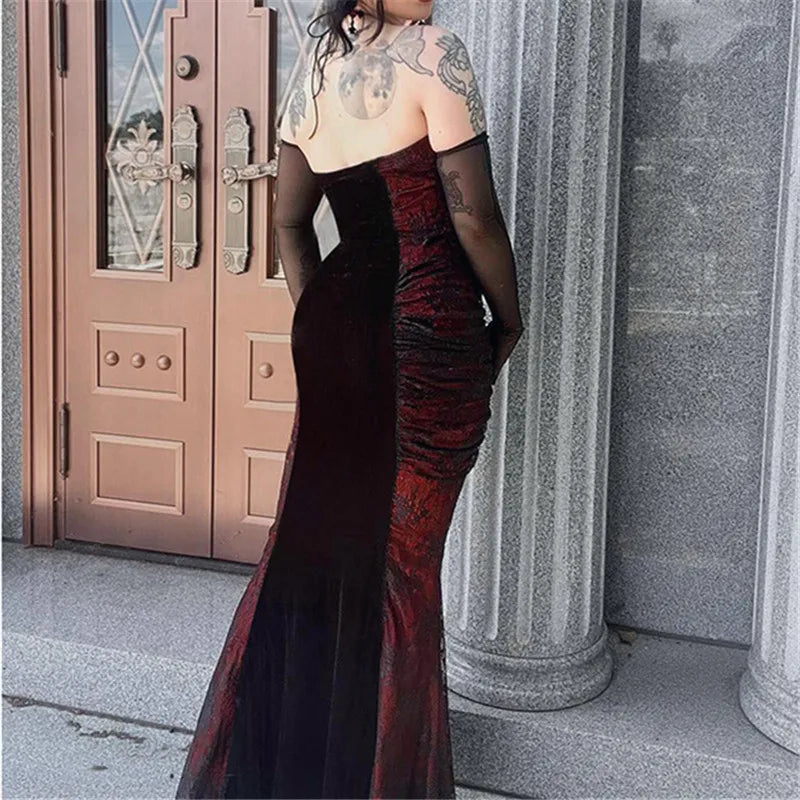 qgtao Goth Dark Ladies Elegant Fashion Tight Halter Mermaid Dresses Hotsweet Corset Mesh Maxi Dress Gothic Pleated Bodycon Party Gown