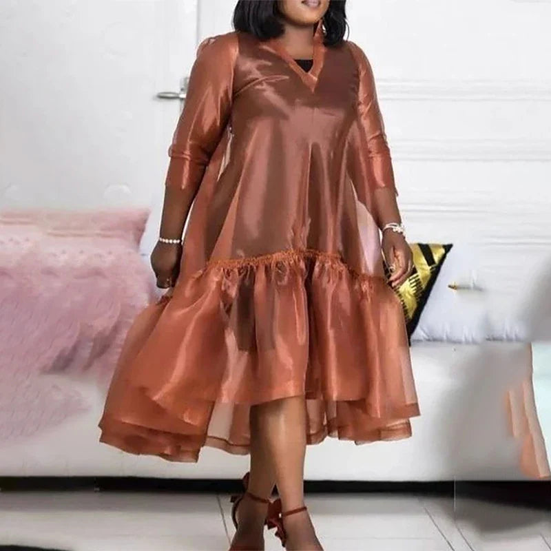 qgtao Plus Size Semi Formal Midi Dresses Casual Brown Fall Winter V Neck 3/4 Sleeve Flounce Organza Midi Dresses