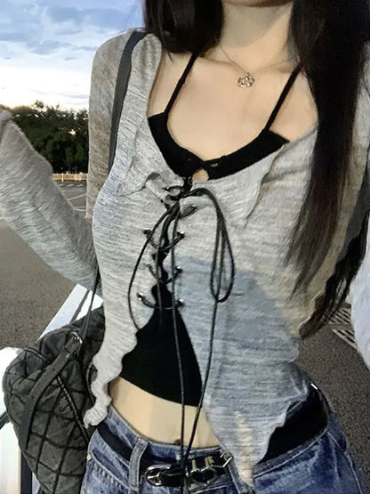 qgtao Sexy Lace Up Crop Tops Women Black Halter Slim Tees And Grey Long Sleeve Top Two Pieces Sets Female Korean Y2k Tshirt Summer