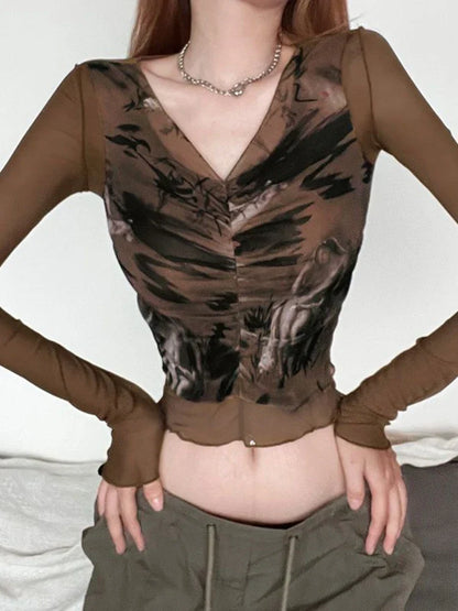qgtao Y2k Vintage Mesh Patchwork Folds Printed V-neck T-shirt Long Sleeve Sexy Grunge Crop Tops Summer Fashion Tees 2024.