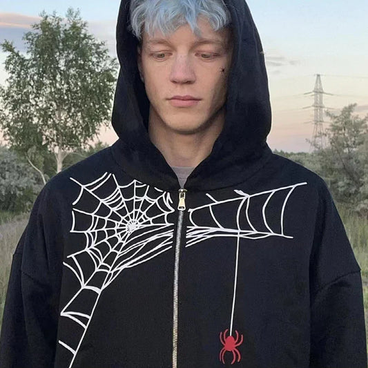 qgtao Y2K Spiders Printed Zip Up Oversized Sweatshirt Autumn Goth Hoodie Men And Women Grunge Hoodies Jacket Zipper Streetwear Clothes