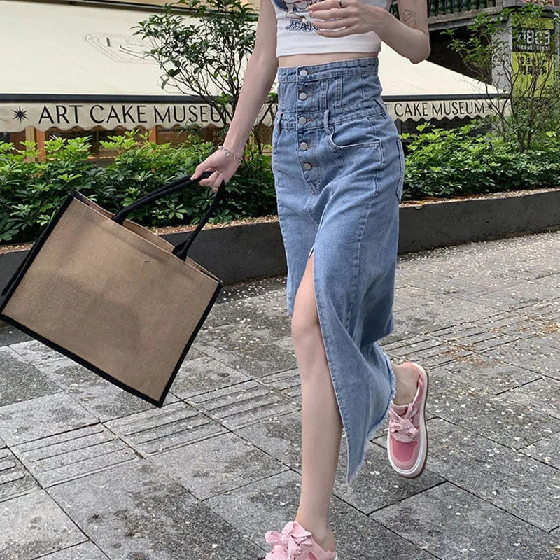 qgtao Vintage Front Split A-Line Skirt Women 2024 Spring Summer Single-Breasted Design Midi Skirts Woman Korean High Waist Jean Skirt