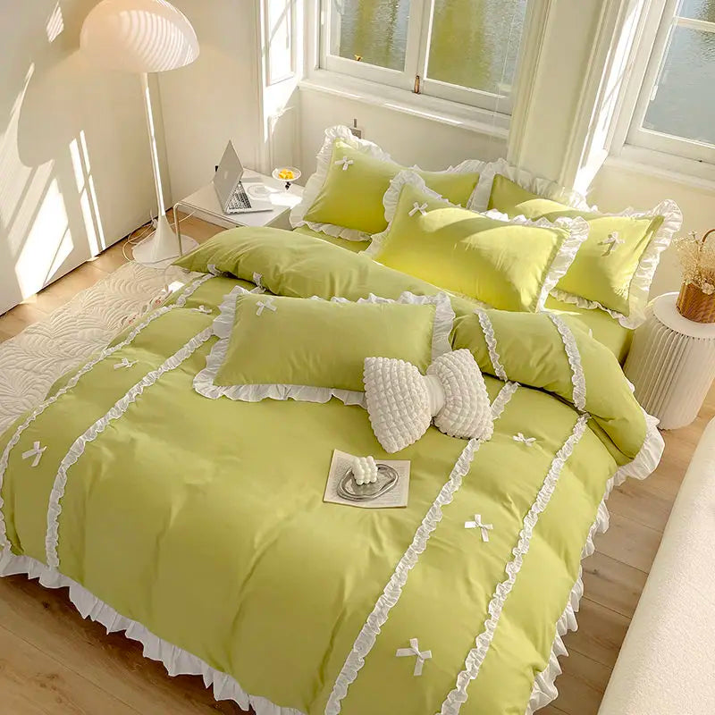 Yeknu Princess Style Duvet Cover Set with Flat Sheet Pillowcases Korean Green Pink Girls Gift Spring Single Queen Size Bedding Kit