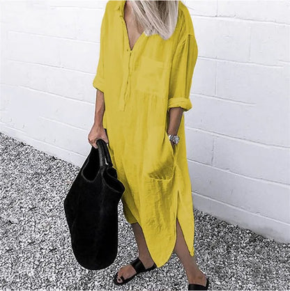 qgtao Plus Size Summer Women's Solid Color Split Dress Elegant Casual Button Pocket V-Neck Long Sleeve Lined Long Lined Dress 2024