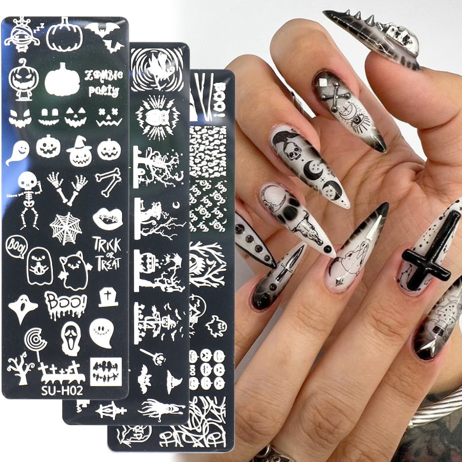 6 PCS Halloween Christmas Nail Stamping Plates Set Snowflake Fire Printing Stencil Stamp Templates Manicure Nail Art Tools SASUH