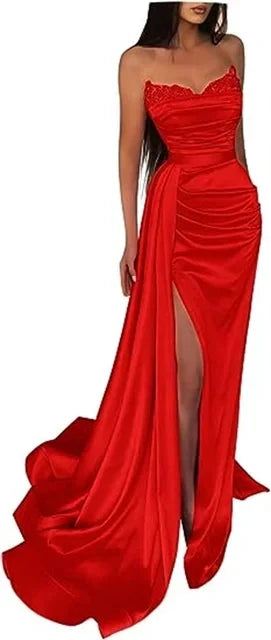 qgtao Line Sexy High Split Prom Formal Evening Dress Strapless Sleeveless Court Train Satin with Slit Pure Color robes de soirée