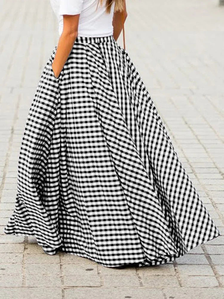Fashion Plaid Skirt Women Boho Long Dress Summer Elegant Sexy Elastic Aline Skirt Lady Casual Loose High Waist Skirt With Pocket