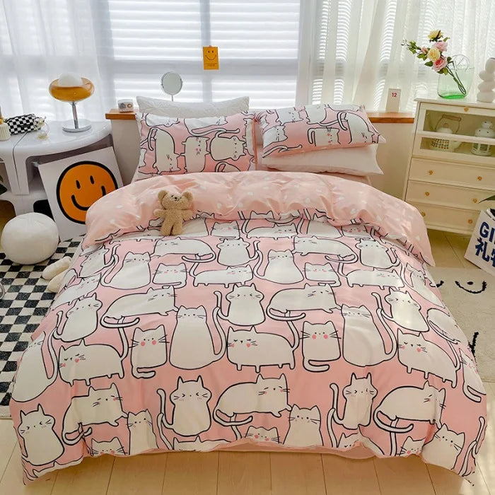 Yeknu Ins Style Bedding Set Cotton Soft Flat Fitted Sheet Duvet Cover Pillowcase Floral Rabbit Boy Girls Home Textile Bedclothes