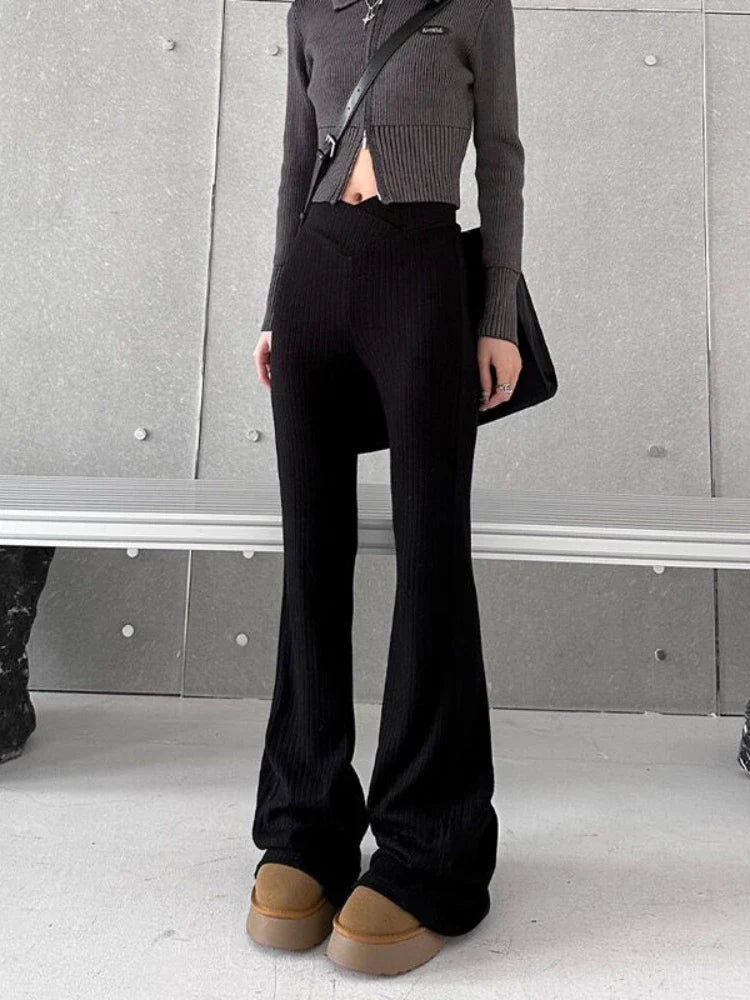 Deeptown Vintage Gray Flare Pants Women Harajuku Black High Waist Wide Leg Trousers Korean Slim Knit Full Pants Y2K Streetwear