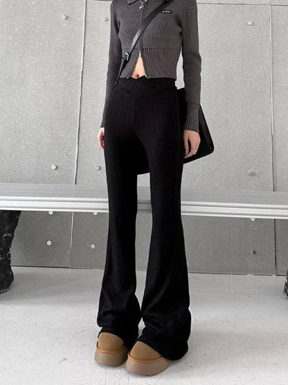 Deeptown Vintage Gray Flare Pants Women Harajuku Black High Waist Wide Leg Trousers Korean Slim Knit Full Pants Y2K Streetwear