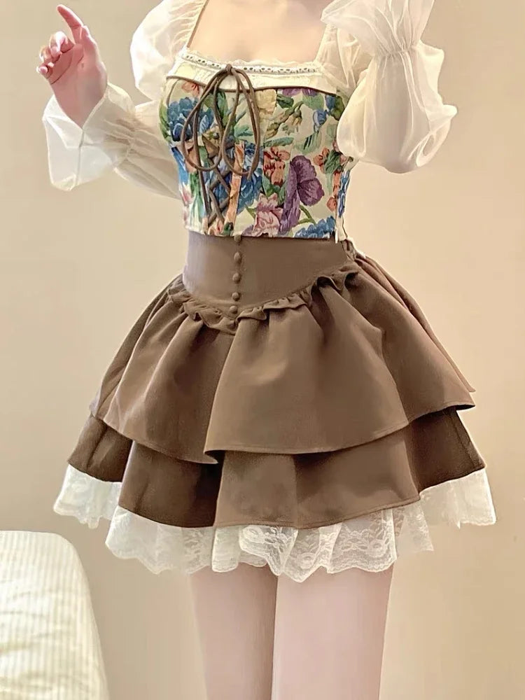 qgtao Kawaii Lolita Skirt Women Autumn Winter Vintage High Waist A-line Lace Patchwork Bow Japanese Fashion Brown Mini Skirt