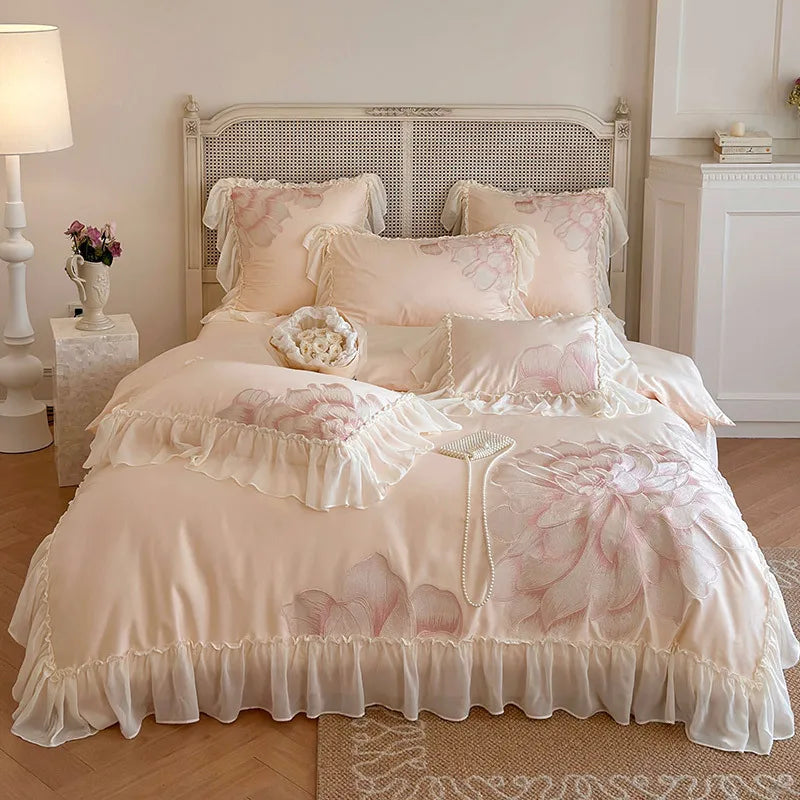 Yeknu Princess Long Stable Cotton Duvet Cover Set Four Piece Set French Flower Embroidery Quilt Cover Lace Bedding Set Bedsheets