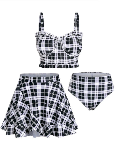 qgtao  Plus Size Padded Plaid Three Piece Swimwear Women Tankini Top,Briefs And Skirt Fashion High Waist Beachwear Bathing Suit