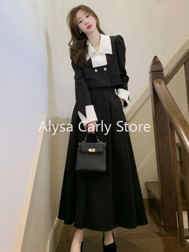 qgtao 2024 Autumn Elegant 2 Piece Dress Set Women Slim Vintage Party Office Lady Korean Suit Long Sleeve Crop Tops + Casual Midi Skirt