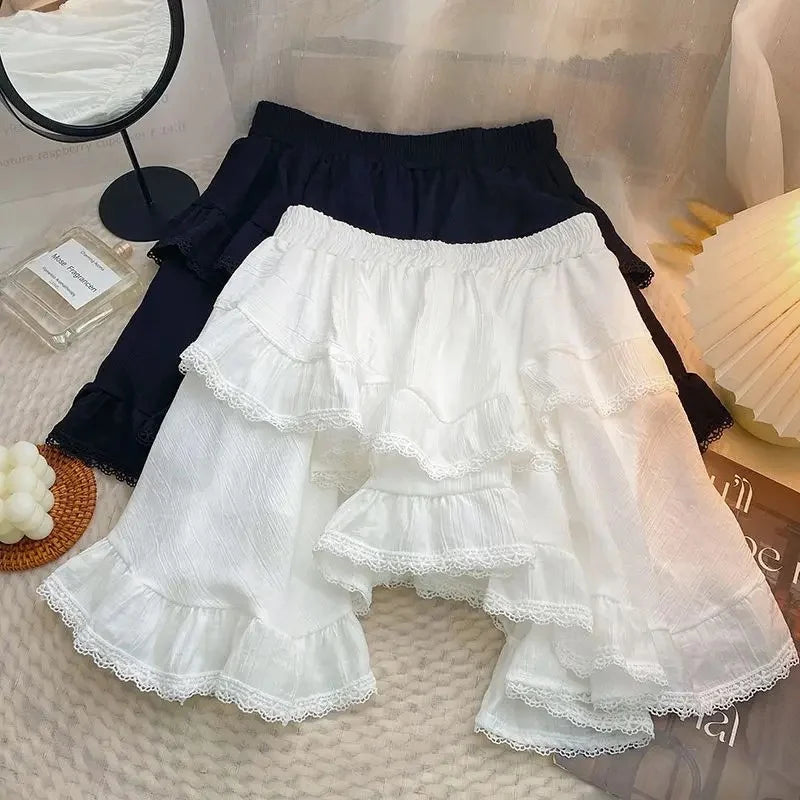 qgtao White Skirt Irregular Ruffles Kawaii Women Mini Skirts Japanese Style Sweet Patchwork Elegant Casual Black Short Skirt