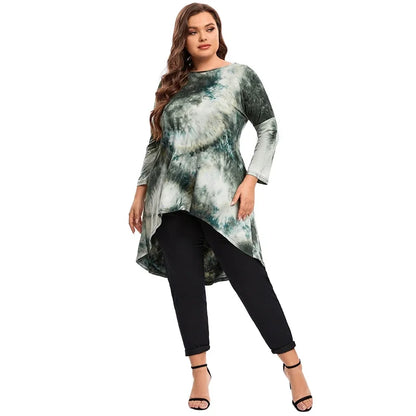 qgtao Plus Size Long Sleeve Elegant Tie Dye Tunic Tops Long Loose Spring Autumn Hi Low Swing Blouse Plus Size Clothing Women 6XL 7XL