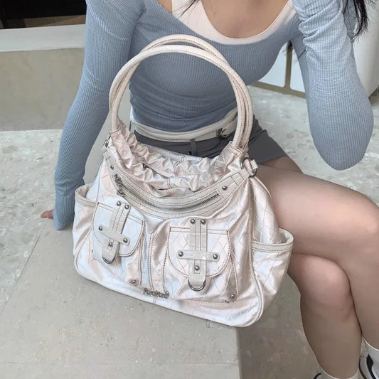 qgtao  Y2k White Shoulder Bag for Women Pleated Soft Autumn 2023 New Trendy Tote Bag Multi-pocketed Large Capacity Handbag Sac