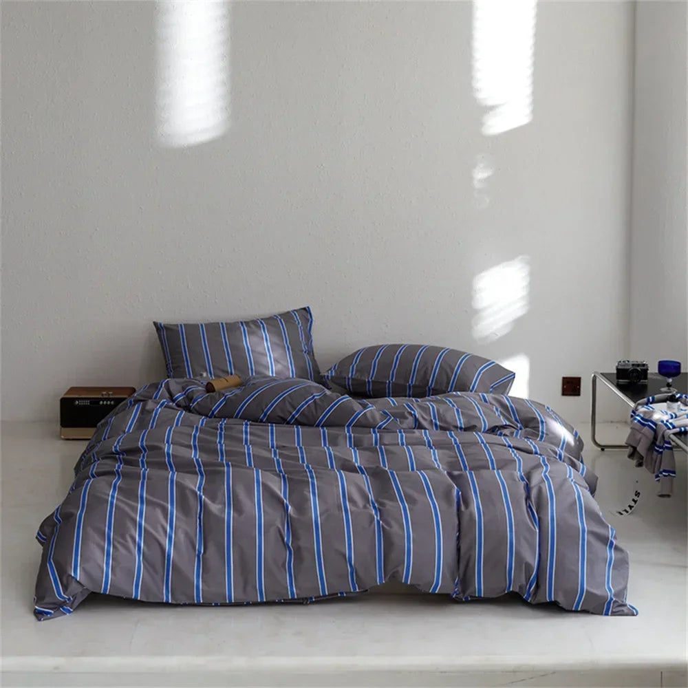 Yeknu Nordic Grey Blue Stripes Duvet Cover Set Cotton Queen King Size Bedding Set Bedlinens Sheet Pillowcases