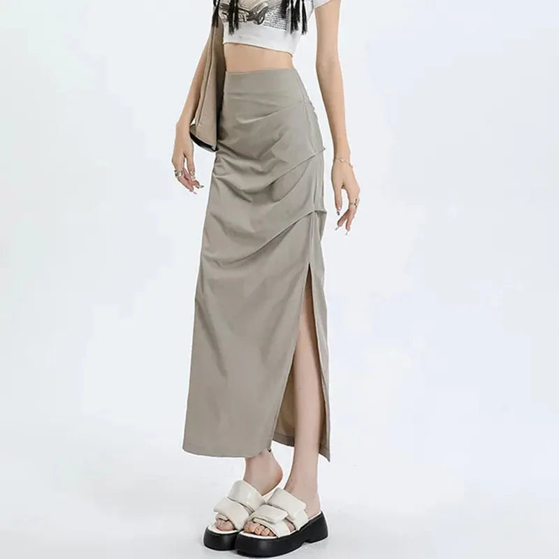 qgtao Y2K Cargo Skirts for Women Korean Style High Waist Slim Fit Long Skirt Woman Sexy Bodycon Side Split Midi Skirts Female