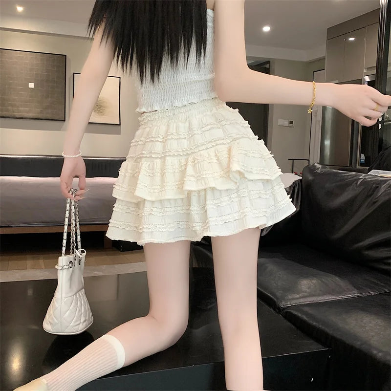 qgtao with Lining Prevent Exposure A Line Women Skirts Summer Solid Sweet Texture Sexy Mini Skirt Slim High Waist Skirt