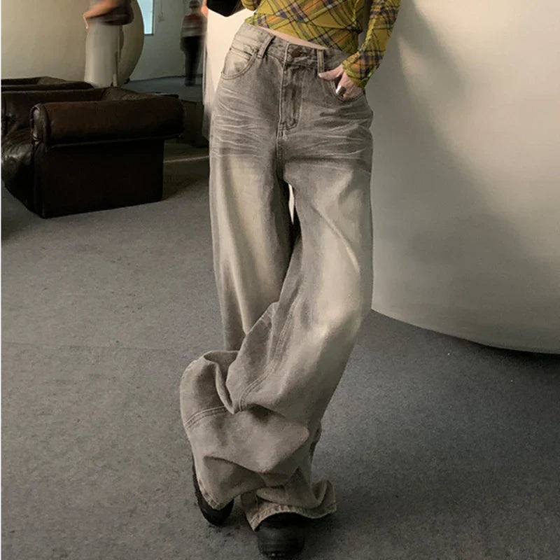 qgtao Y2k Vintage Jeans Women High Waist Baggy Straight Casual Wide Leg Pants Streetwear Fashion Distressed Loose Denim Trousers