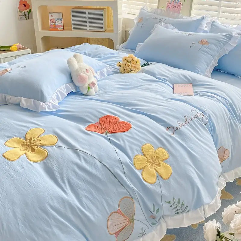 Yeknu Ins Korean Style Bedding Set with Ruffles Princess Duvet Cover No Filling Flat Sheet Pillowcases Kit Girls Blue Pink Solid Color