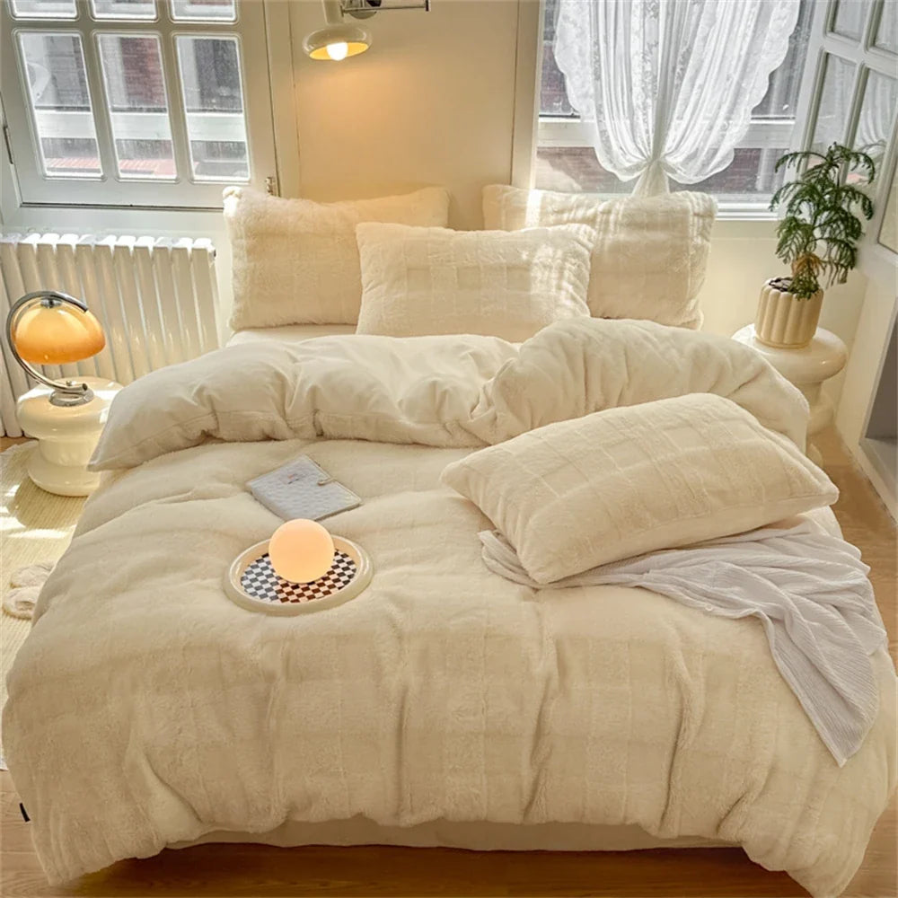 Yeknu Rabbit Plush Bedding Sets Milk Velvet Warm Four Piece Set Thicken Quilt Cover Bed Linen Pillowcase King Bedroom Decor