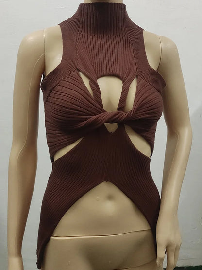 qgtao Sexy Crop Top Women T shirt Summer Cut Out Vest Round Collar Sleeveless Solid Knitting Tank Tops  Hollow Out Street wear