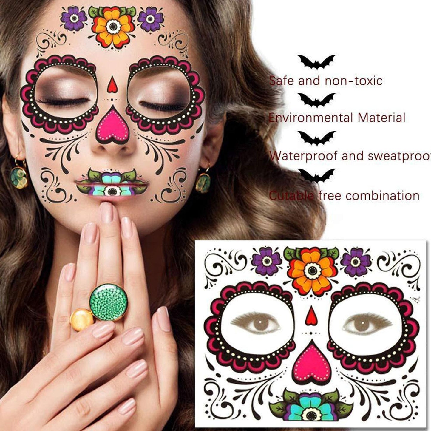 Waterproof Facial Makeup Sticker Special Face tattoo Day Of The Dead Skull Face Dress Up Halloween Temporary Tattoo Stickers