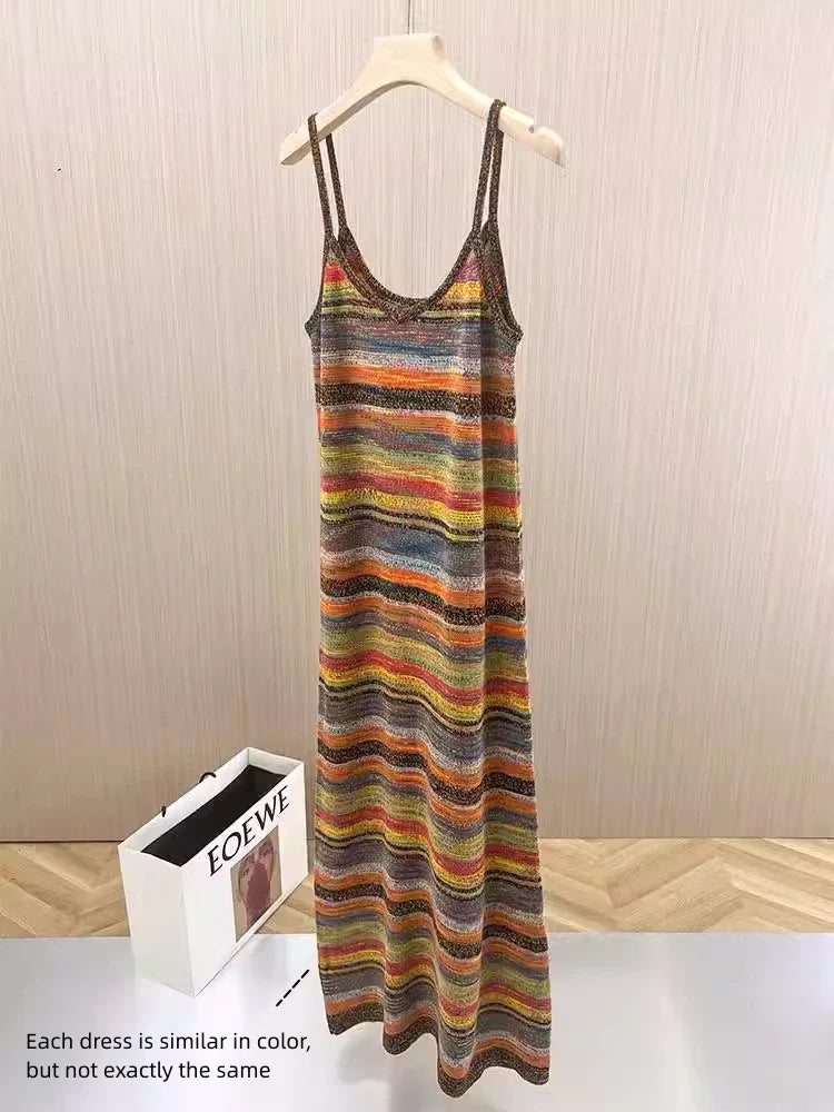 qgtao Spaghetti Strap Striped Bodycon Crochet Midi Dress 2024 Vintage Retro Chic Y2K 90s Fashion Korean Vintage Harajuku Long Dress