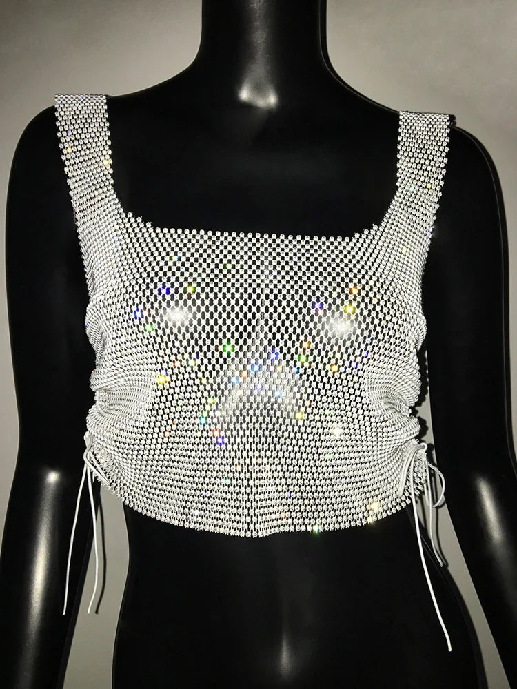 qgtao Y2K Square Collar Glitter Crop Top for Women Night Club Party Sexy See-through Tank Tops Sides Lace-up Backless Short Vest