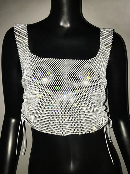 qgtao Y2K Square Collar Glitter Crop Top for Women Night Club Party Sexy See-through Tank Tops Sides Lace-up Backless Short Vest