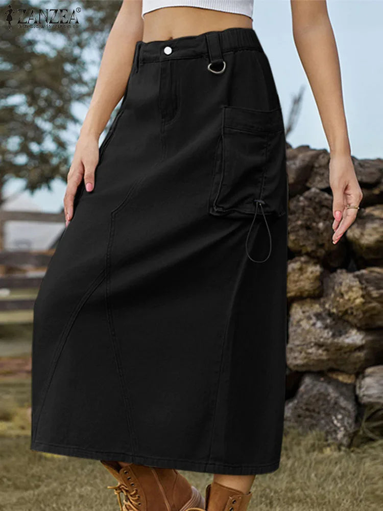 qgtao Women Cargo Skirt 2024 Elegant Loose Midi Jupes Vintage Drawstring Pockets Falda Elastic Waist Straight Skirts Streetwear