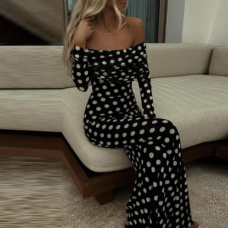 qgtao 2024 Spring Polka Dot Print Slim Bodycon Long Dress Women Sexy Slash Neck Draped Party Dress Summer Off Shoulder Boho Maxi Dress