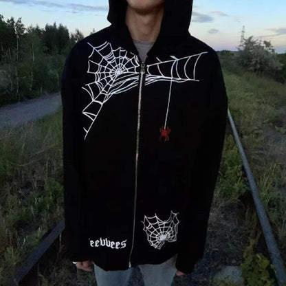 qgtao Y2K Spiders Printed Zip Up Oversized Sweatshirt Autumn Goth Hoodie Men And Women Grunge Hoodies Jacket Zipper Streetwear Clothes
