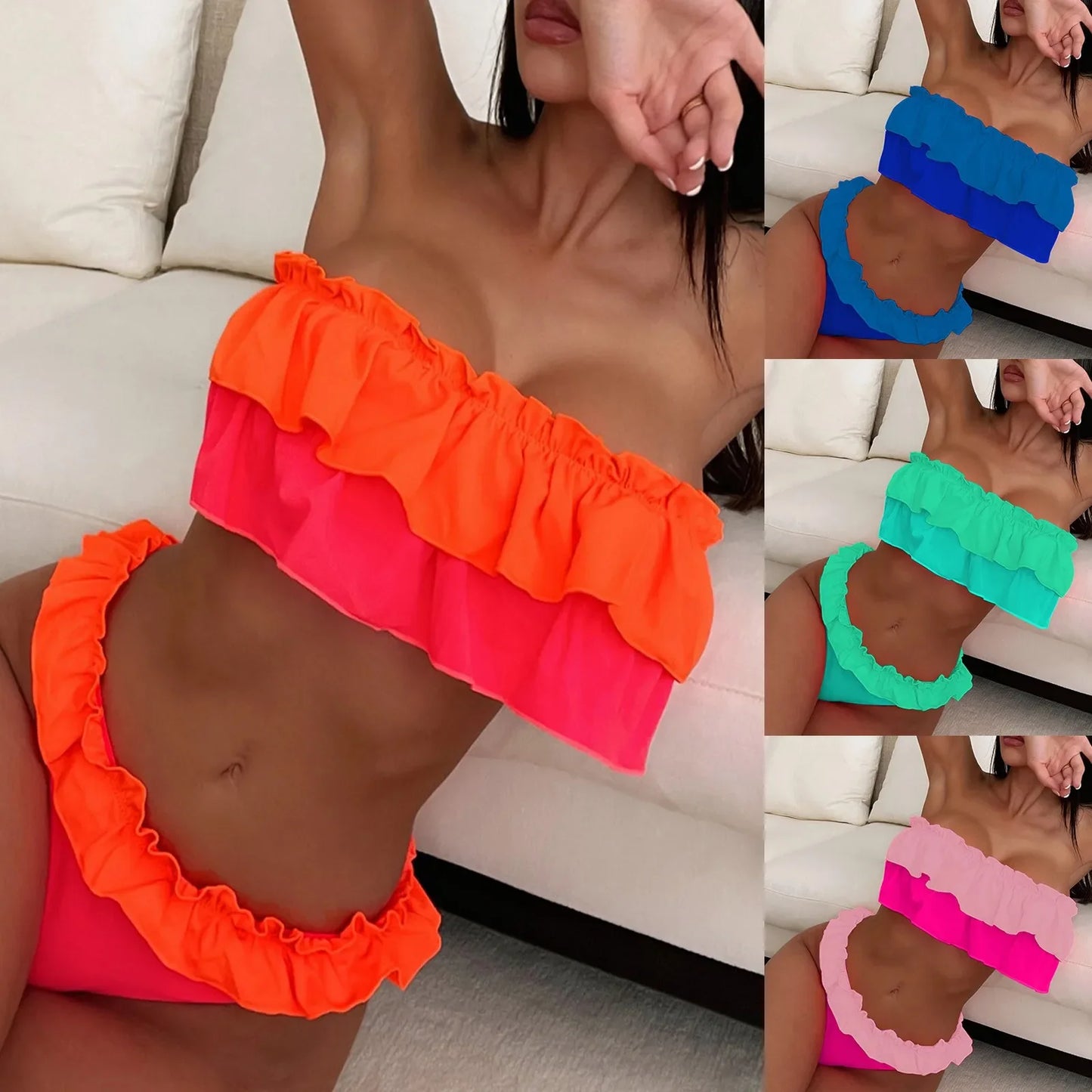 qgtao Sexy Strapless Bikini Set 2024 Women Fashion Colour Blocking Swimsuit Ruffles High Waist Beach Holiday Bathing Suit Swimwear