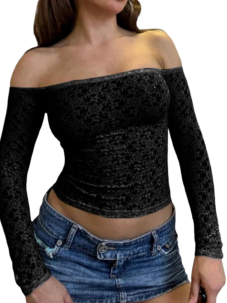 qgtao Y2k Sexy Lace Off Shoulder T-Shirt Long Sleeve Bodycon Cropped Tee Tops Solid Slim Shirt Blouse 2000s Aesthetic Tops