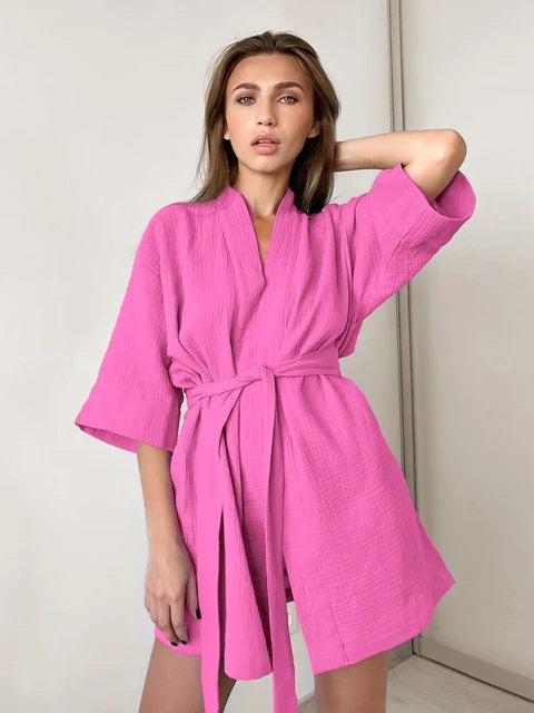 qgtao Crape Cotton Robe Women's Nightwear Mini Bathrobes Lace Up Sleepwear Muslin Women'S Home Clothes Solid Color Robes Women Nightie