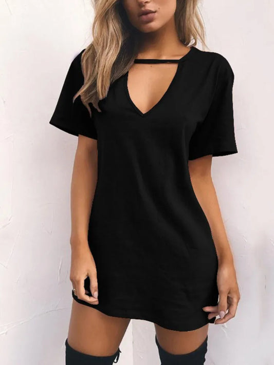 qgtao Sexy Elegant Dress Wrap Deep V Neck Cut Out Loose Dress Women Solid Color Short Sleeve Mini Dress Club Party Vestidos