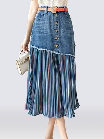qgtao S-5XL Patchwork Pleated Jeans Skirts Women High Waist Ripped Skirts Vintage Elegant Korean Fashion Denim Skirts Big Size plus