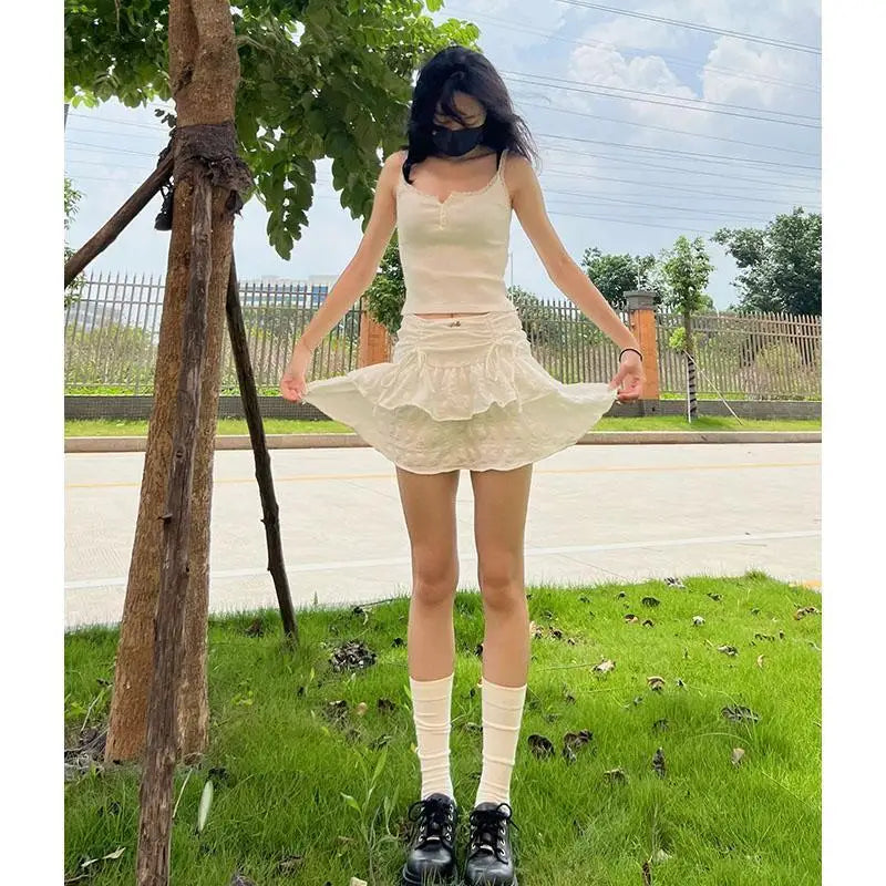 qgtao Fairycore Ruffle Women Mini Skirt White Lace Sweet Kawaii Short Skirts Coquette Layered Pleated Korean Fashion Skirt