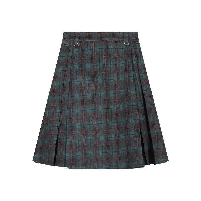 qgtao Korean style Preppy Fashion Vintage Plaid Summer Women Midi Skirt High Waist Pleated A-line Temperament Loose Y2K Skirt