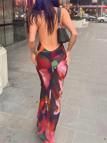 Boxtoday Women Sexy Summer Sling Dress Vintage Sleeveless Backless Flower/Leopard Print Bodycon Long Dresses for Cocktail Party Clubwear